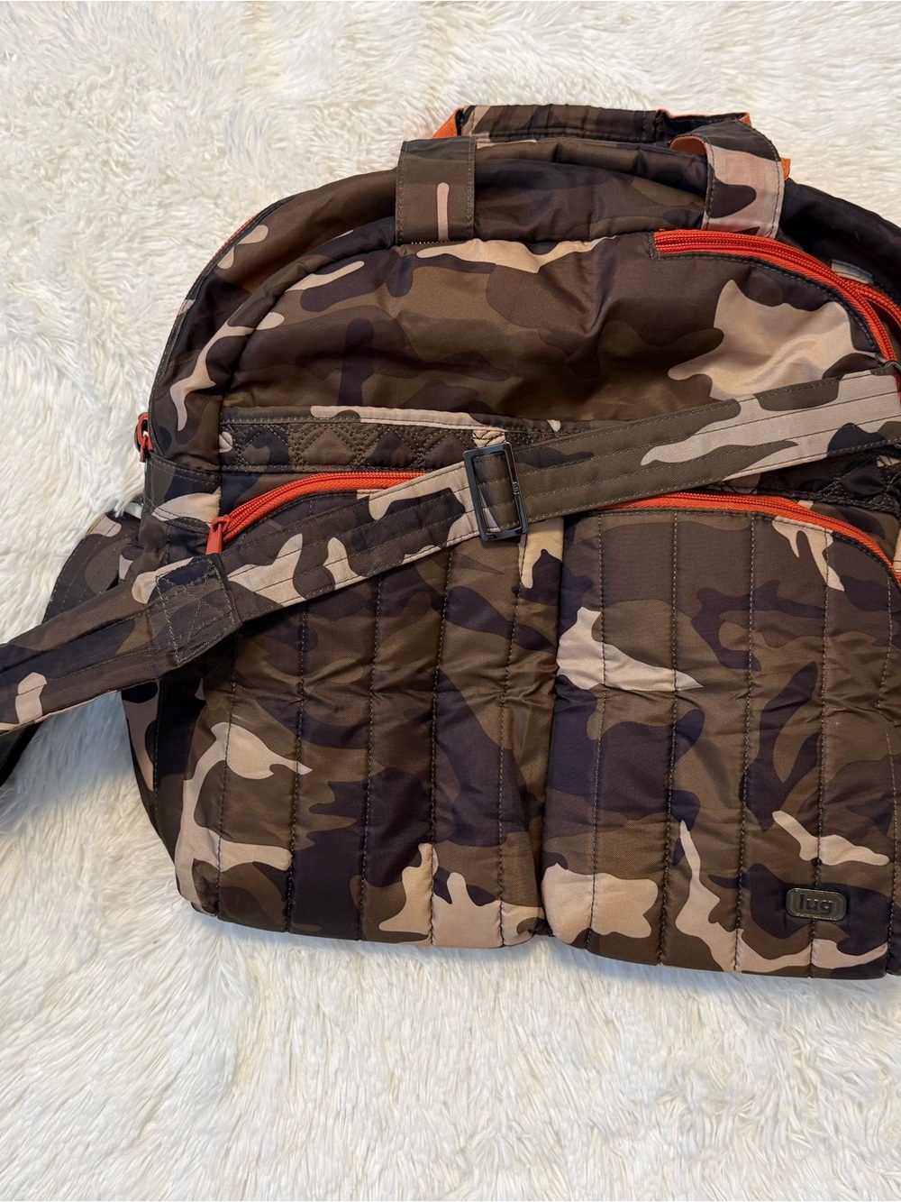 Lug Camouflage Travel Duffel Bag with Orange Accent Zippers